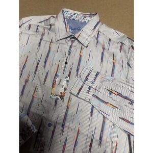Robert Graham Men's XL Stretch Dress Shirt White Multi Color Stripes Floral $198